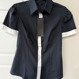 Women's Black Short Sleeve Blouse White Detail Puff Shoulders Medium NWT